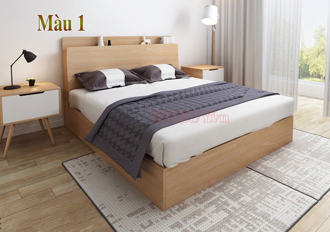 Giường đơn gỗ công nghiệp MDF có kệ đầu giường, 2 hộc kéo lớn 1m2 x 2m