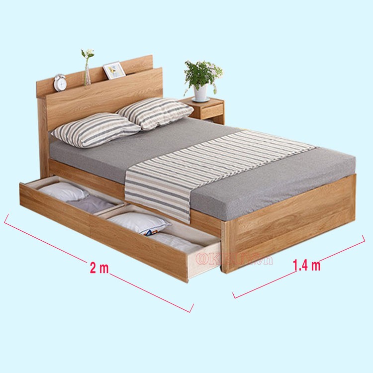 Giường đơn gỗ công nghiệp MDF có kệ đầu giường, 2 hộc kéo lớn 1m4 x 2m
