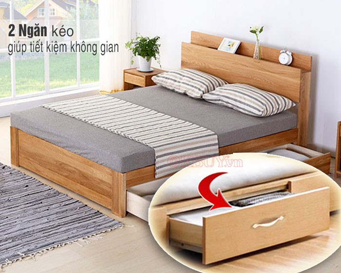 Giường ngủ gỗ công nghiệp MDF có kệ đầu giường, 2 hộc kéo lớn 1m6 x 2m