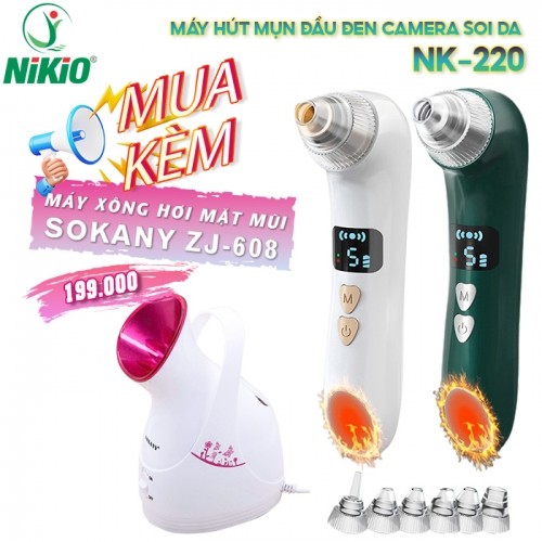 Máy hút mụn cao cấp massage nhiệt nóng Nikio NK-220 - 6 đầu hút, camera soi da