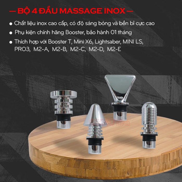 Bộ 4 đầu massage inox cho súng Booster T, Mini X6, Lightsaber, Mini LS, Pro 3, M2