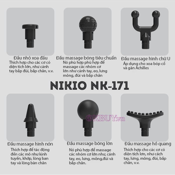  Súng massage cầm tay massage 6 đầu massage Nikio NK-171