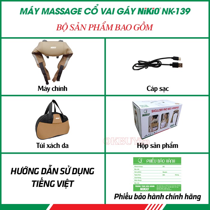 Bộ sản phẩm bao gồm của máy massage cổ vai gáy Nikio NK-139