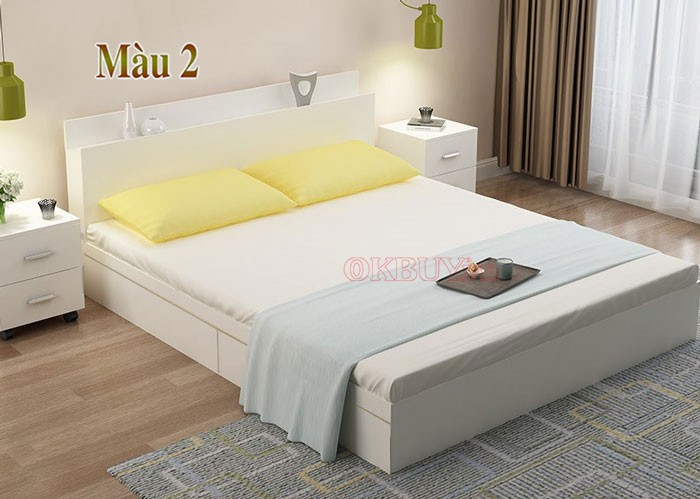 Giường đơn gỗ công nghiệp MDF có kệ đầu giường, 2 hộc kéo lớn 1m2 x 2m