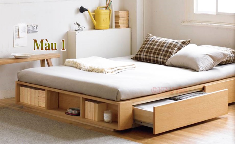 Giường đơn gỗ công nghiệp MDF có 2 ngăn kéo và kệ sách đuôi giường 1m2 x 2m