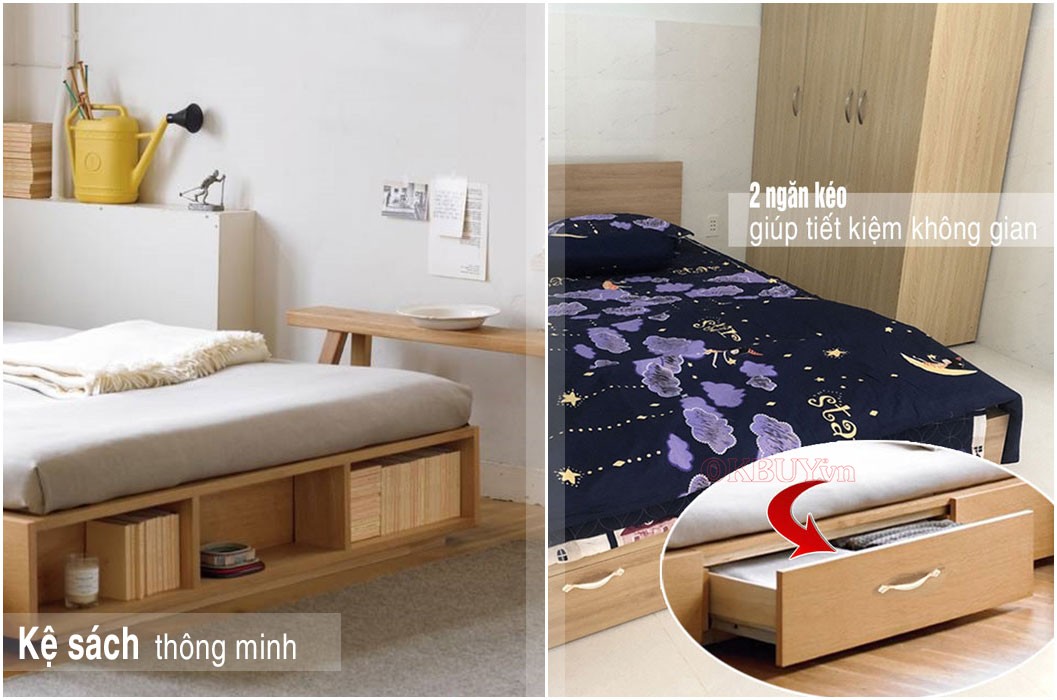 Giường đơn gỗ công nghiệp MDF có 2 ngăn kéo và kệ sách đuôi giường 1m2 x 2m