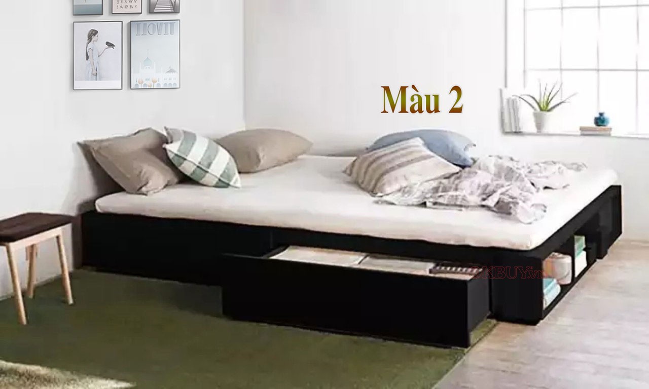 Giường đơn gỗ công nghiệp MDF có 2 ngăn kéo và kệ sách đuôi giường 1m4 x 2m