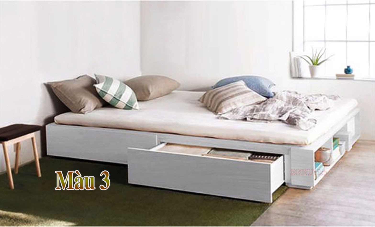 Giường ngủ gỗ công nghiệp MDF có 2 ngăn kéo và kệ sách đuôi giường 1m6 x 2m