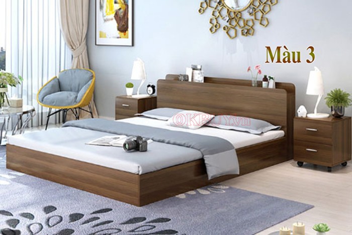 Giường ngủ gỗ công nghiệp MDF có kệ đầu giường, 2 hộc kéo lớn 1m8 x 2m