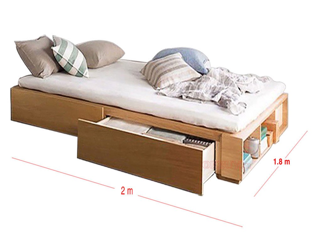 Giường ngủ có 2 ngăn kéo và kệ sách đuôi giường 1m8 x 2m