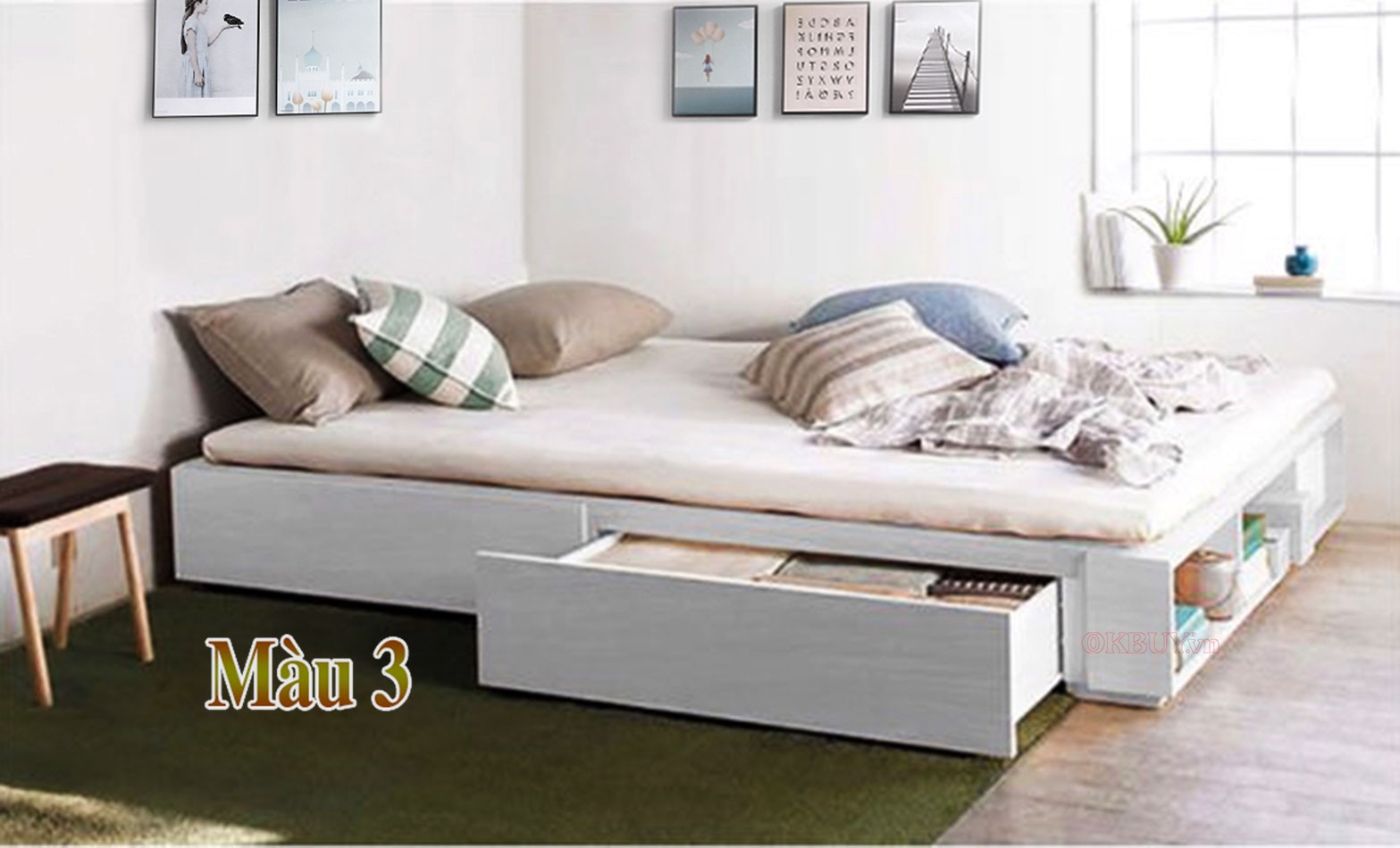 Giường ngủ có 2 ngăn kéo và kệ sách đuôi giường 1m8 x 2m