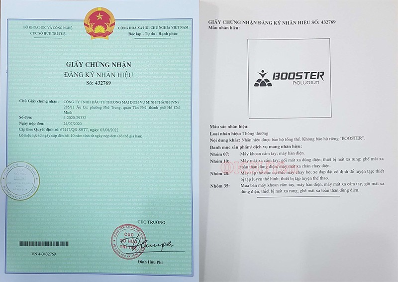 giấy chứng nhận bảo hộ thương hiệu Booster gun
