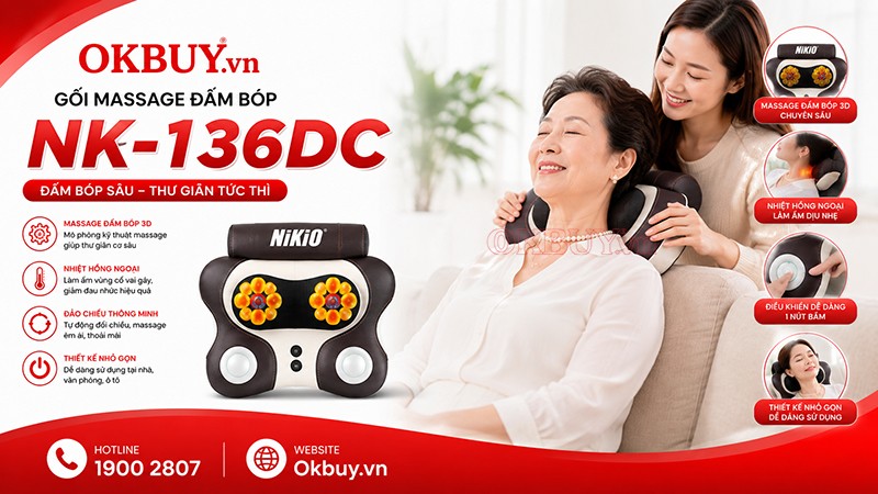Gối massage đấm bóp cổ vai gáy Nikio NK-136DC