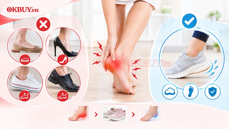 Mang giày dép không phù hợp có thể gây đau gót chân