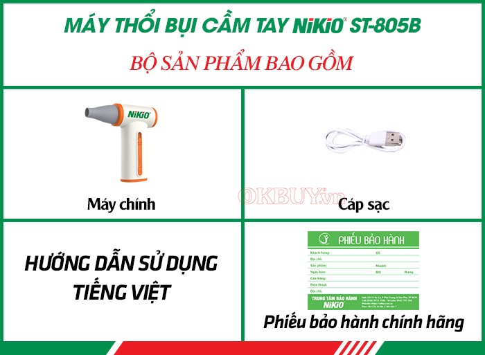 Bộ sản phẩm gồm có của máy thổi bụi cầm tay Nikio ST-805B