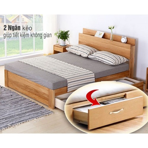 Giường ngủ gỗ có 2 hộc kéo và kệ đầu giường 1m2 x 2m