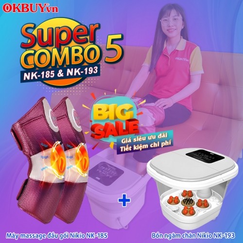 Combo 5 - Bộ sản phẩm chăm sóc sức khỏe đôi chân - Máy massage đầu gối Nikio NK-185 và bồn ngâm chân gấp gọn Nikio NK-193