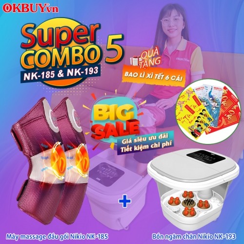 Combo 5 - Bộ sản phẩm chăm sóc sức khỏe đôi chân - Máy massage đầu gối Nikio NK-185 và bồn ngâm chân gấp gọn Nikio NK-193