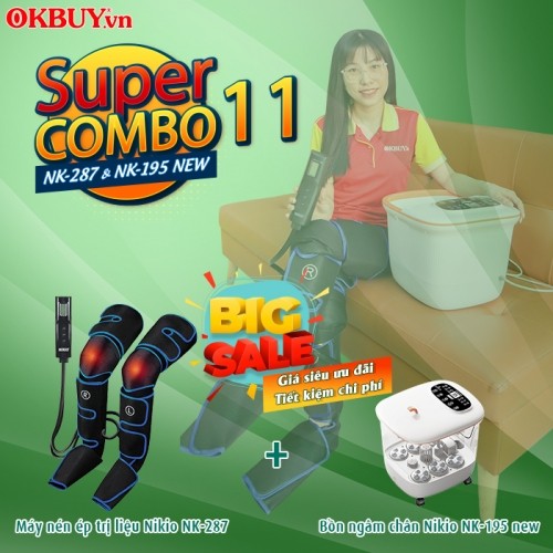 Combo 11 - Bộ sản phẩm chăm sóc sức khỏe đôi chân - Máy nén ép trị liệu suy giãn tĩnh mạch chân Nikio NK-287 và Bồn ngâm chân Nikio NK-195 NEW