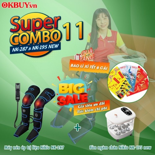 Combo 11 - Bộ sản phẩm chăm sóc sức khỏe đôi chân - Máy nén ép trị liệu suy giãn tĩnh mạch chân Nikio NK-287 và Bồn ngâm chân Nikio NK-195 NEW