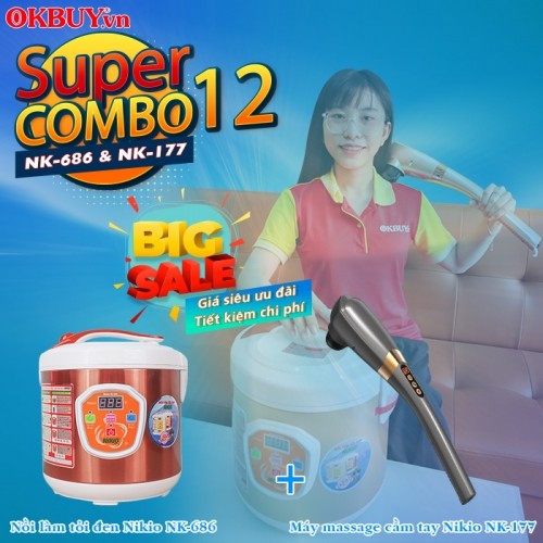 Combo 12 - Bộ sản phẩm chăm sóc sức khỏe hữu ích cho người lớn tuổi - Nồi làm tỏi đen Nikio NK-686 và máy massage cầm tay Nikio NK-177