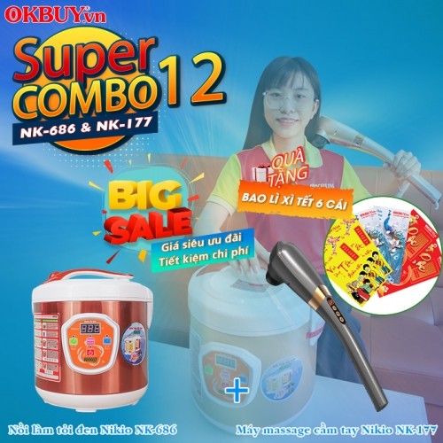 Combo 12 - Bộ sản phẩm chăm sóc sức khỏe hữu ích cho người lớn tuổi - Nồi làm tỏi đen Nikio NK-686 và máy massage cầm tay Nikio NK-177