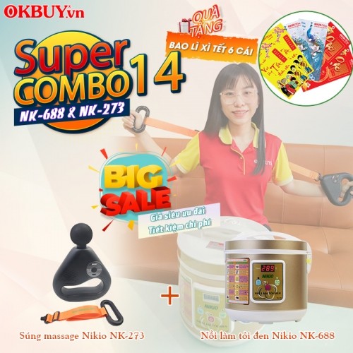 Combo 14 - Bộ sản phẩm chăm sóc sức khỏe toàn diện - Nồi làm tỏi đen Nikio NK-688 và súng massage giãn cơ toàn thân Nikio NK-273