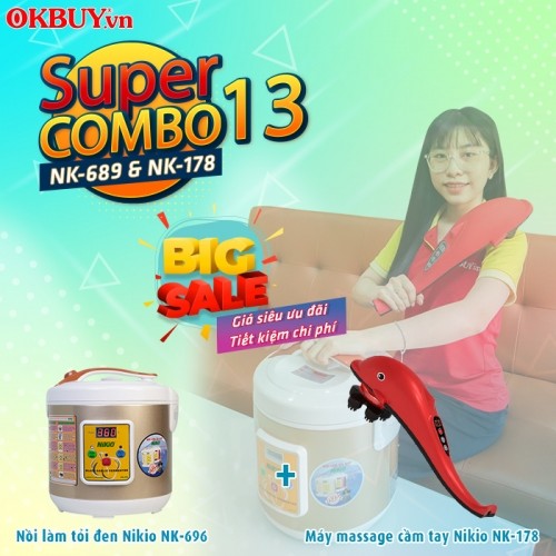 Combo 13 - Bộ sản phẩm chăm sóc sức khỏe toàn diện cho gia đình - Nồi làm tỏi đen chuyên dụng Nikio NK-696 và máy massage cầm tay cá heo Nikio NK-178