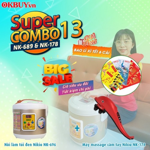 Combo 13 - Bộ sản phẩm chăm sóc sức khỏe toàn diện cho gia đình - Nồi làm tỏi đen chuyên dụng Nikio NK-696 và máy massage cầm tay cá heo Nikio NK-178