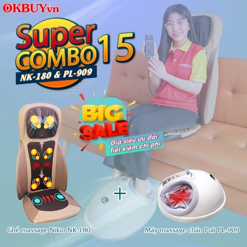 Combo 15 - Bộ sản phẩm chăm sóc sức khỏe toàn diện từ đầu đến chân - Ghế massage Nikio NK-180 và Máy massage chân Puli PL-909