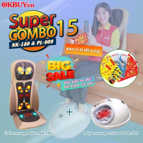 Combo 15 - Bộ sản phẩm chăm sóc sức khỏe toàn diện từ đầu đến chân - Ghế massage Nikio NK-180 và Máy massage chân Puli PL-909