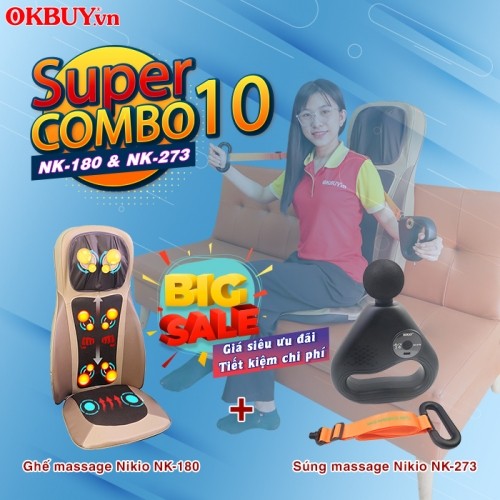 Combo 10 - Bộ sản phẩm chăm sóc sức khỏe toàn thân - Ghế massage Nikio NK-180 và súng massage giãn cơ Nikio NK-273