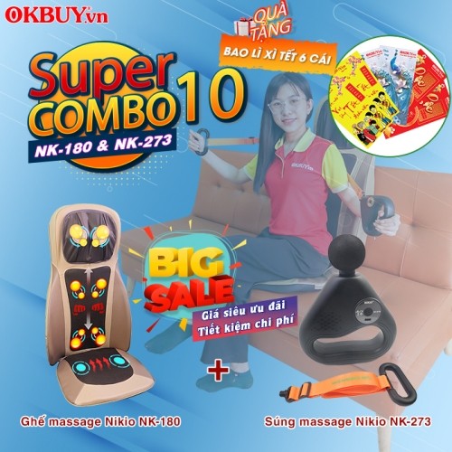 Combo 10 - Bộ sản phẩm chăm sóc sức khỏe toàn thân - Ghế massage Nikio NK-180 và súng massage giãn cơ Nikio NK-273