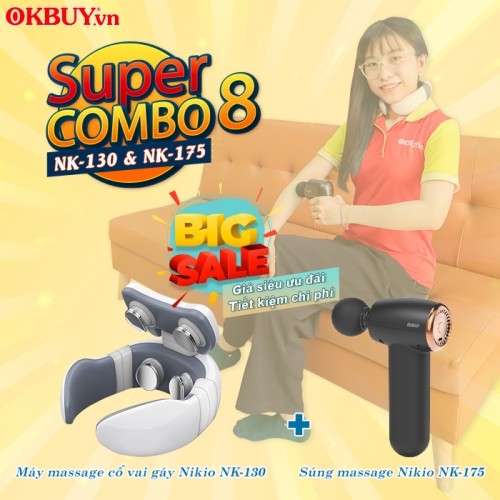 Combo 8 - Bộ sản phẩm chăm sóc sức khỏe toàn thân - Máy massage cổ vai gáy Nikio NK-130 và Súng massage cầm tay Nikio NK-175