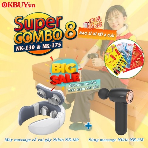 Combo 8 - Bộ sản phẩm chăm sóc sức khỏe toàn thân - Máy massage cổ vai gáy Nikio NK-130 và Súng massage cầm tay Nikio NK-175