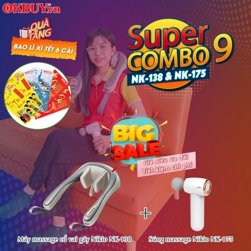 Combo 9 - Bộ sản phẩm chăm sóc sức khỏe toàn thân - Máy massage cổ vai gáy NK-138 và súng giãn cơ, giảm đau nhức toàn thân Nikio NK-175