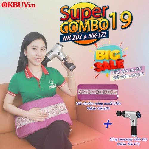 Combo 19 - Bộ sản phẩm giãn cơ nhanh và hiệu quả với túi chườm nóng muối biển Nikio NK-201 và súng massage cầm tay Nikio NK-171