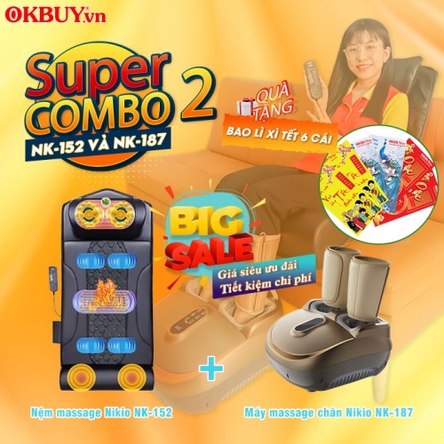 Combo 2 - Bộ thiết bị chăm sóc sức khỏe toàn diện - Nệm massage toàn thân từ cổ tới chân Nikio NK-152 và Máy massage chân Nikio NK-187