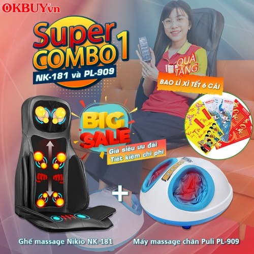 Combo 1 - Bộ sản phẩm chăm sóc sức khỏe toàn diện từ đầu đến chân - Ghế massage Nikio NK-181 và Máy massage chân Puli PL-909