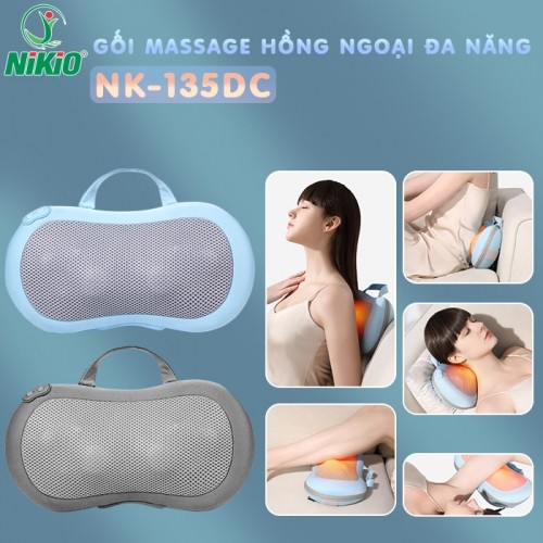 Gối massage pin sạc hồng ngoại đa năng Nikio NK-135DC - Giảm đau mỏi cổ vai gáy và toàn thân với 16 bi xoay day ấn