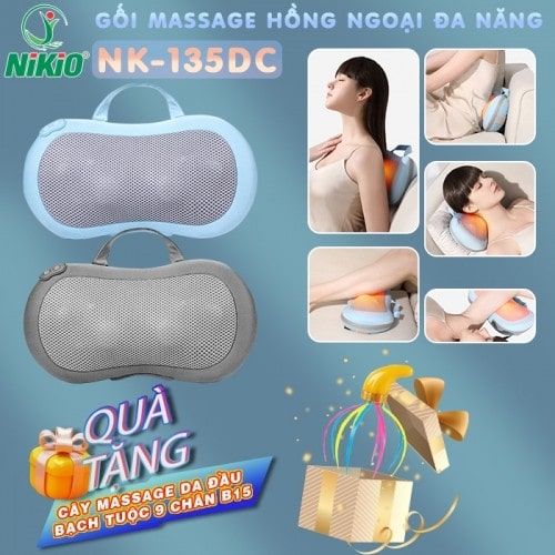 Gối massage pin sạc hồng ngoại đa năng Nikio NK-135DC - Giảm đau mỏi cổ vai gáy và toàn thân với 16 bi xoay day ấn