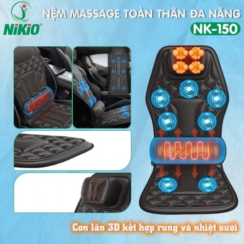 Nệm (đệm) massage trên ô tô và tại nhà Nikio NK-150 - Xoa bóp cổ vai gáy kết hợp nhiệt nóng lưng và rung toàn thân