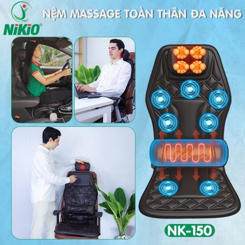 Nệm (đệm) massage trên ô tô và tại nhà Nikio NK-150 - Xoa bóp cổ vai gáy kết hợp nhiệt nóng lưng và rung toàn thân