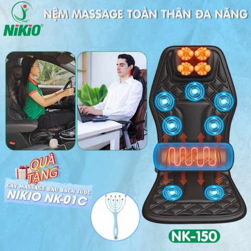 Nệm (đệm) massage trên ô tô và tại nhà Nikio NK-150 - Xoa bóp cổ vai gáy kết hợp nhiệt nóng lưng và rung toàn thân