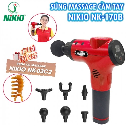 Súng massage cầm tay Nikio NK-170B màu đỏ - 6 đầu, 5 chế độ