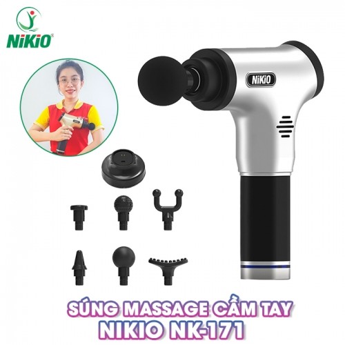Súng massage cầm tay Nikio NK-171 Bạc - 6 đầu mát xa, 6 chế độ massage, đế sạc thông minh