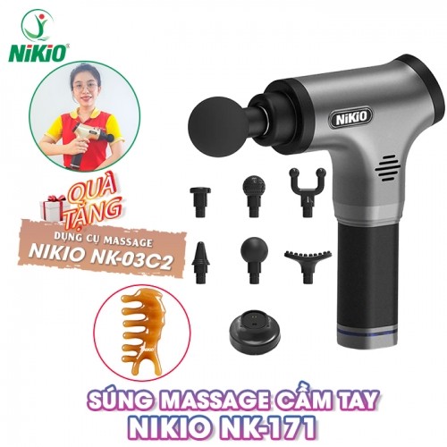 Súng massage cầm tay Nikio NK-171 xám - 6 đầu, 5 chế độ mát xa