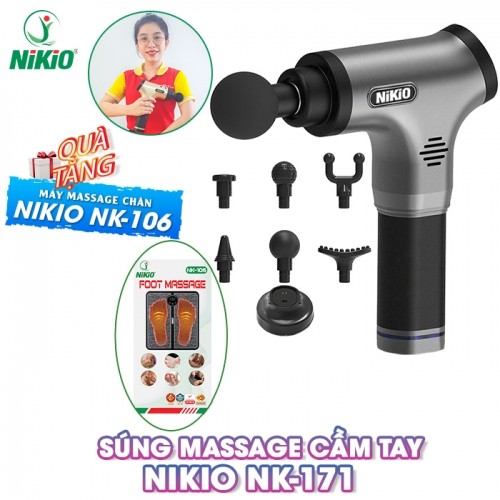 Súng massage cầm tay Nikio NK-171 xám - 6 đầu, 5 chế độ mát xa