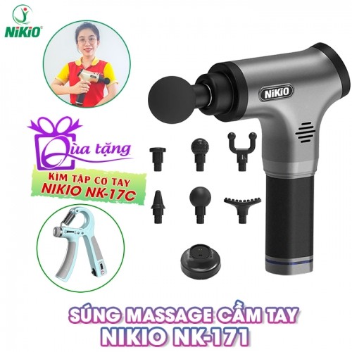 Súng massage cầm tay Nikio NK-171 xám - 6 đầu, 5 chế độ mát xa