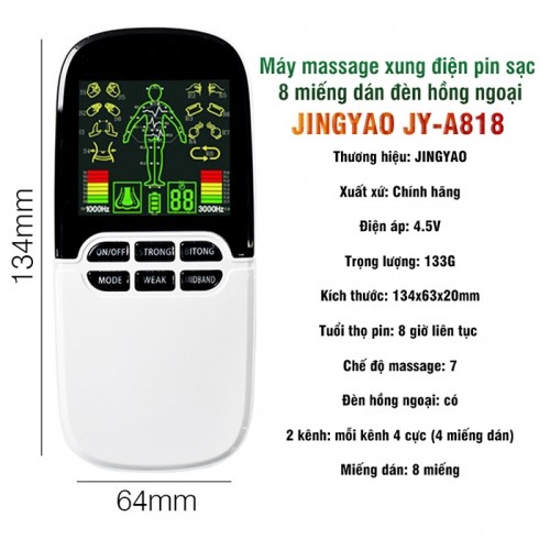 Máy massage xung điện pin sạc 8 miếng dán đèn hồng ngoại JINGYAO JY-A818